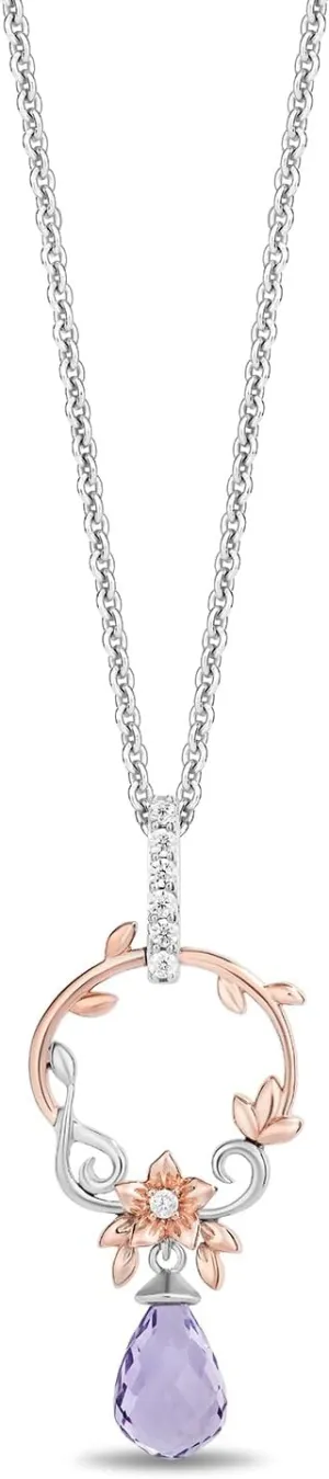 Jewelili Enchanted Disney Fine Jewelry 14K Rose Gold over Sterling Silver with 1/10 CTTW Diamonds and Rose De France Briolette Rapunzel Pendant Necklace