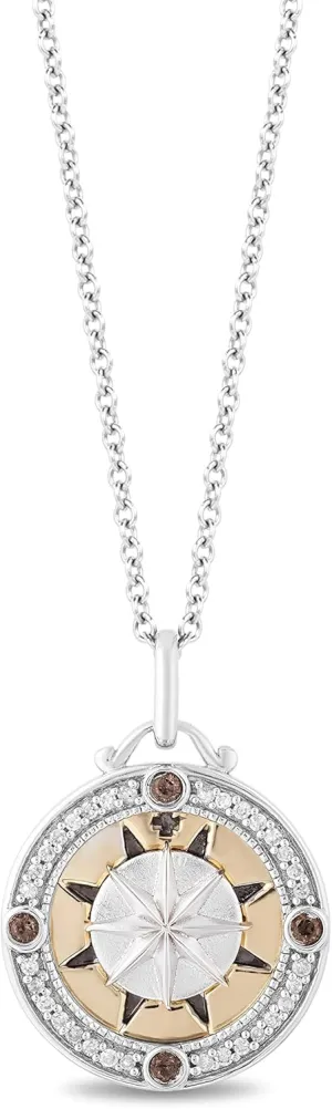 Jewelili Enchanted Disney Fine Jewelry 14K Yellow Gold over Sterling Silver with 1/10cttw Diamonds and Smokey Quartz Pocahontas Medallion Pendant