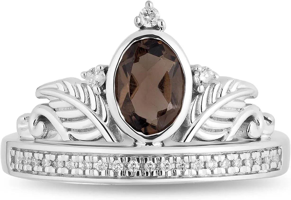 Jewelili Enchanted Disney Fine Jewelry Sterling Silver 1/10 Cttw Diamond and Smokey Quartz Pocahontas Feather Tiara Ring