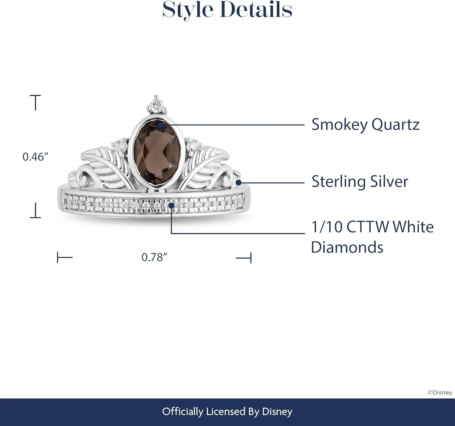 Jewelili Enchanted Disney Fine Jewelry Sterling Silver 1/10 Cttw Diamond and Smokey Quartz Pocahontas Feather Tiara Ring