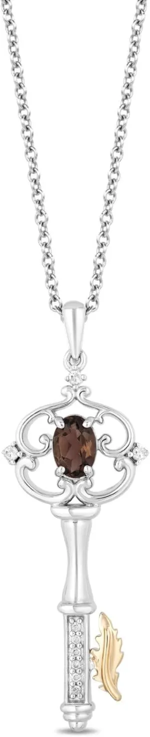 Jewelili Enchanted Disney Fine Jewelry Sterling Silver and 10k Yellow Gold 1/20 CTTW and Smokey Quartz Pocahontas Key Pendant