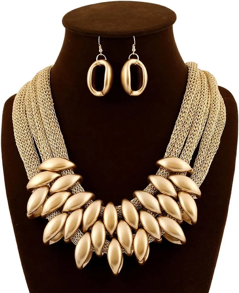 JKJF African Bib Choker Necklaces Earring Sets Chunky Tribal Style Statement Necklace African Layered Collar Necklace for Women - Gold