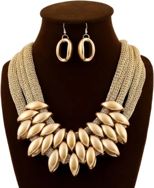 JKJF African Bib Choker Necklaces Earring Sets Chunky Tribal Style Statement Necklace African Layered Collar Necklace for Women - Gold