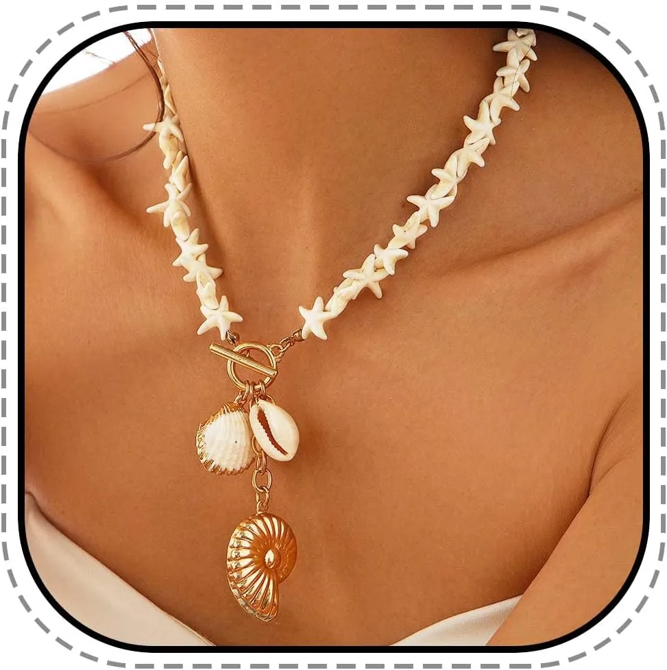 JONKY Boho Starfish Necklace Gold Seashell Pendant Necklaces Summer Ocean Neck Chain for Women