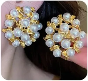 Jumwrit Boho Pearl Flower Earrings Vintage Golden Big Ear Cuff Clip Dainty Non Piercing Ear Cuff Earrings Statement Geometric Oval Earrings for Women (Style 2)