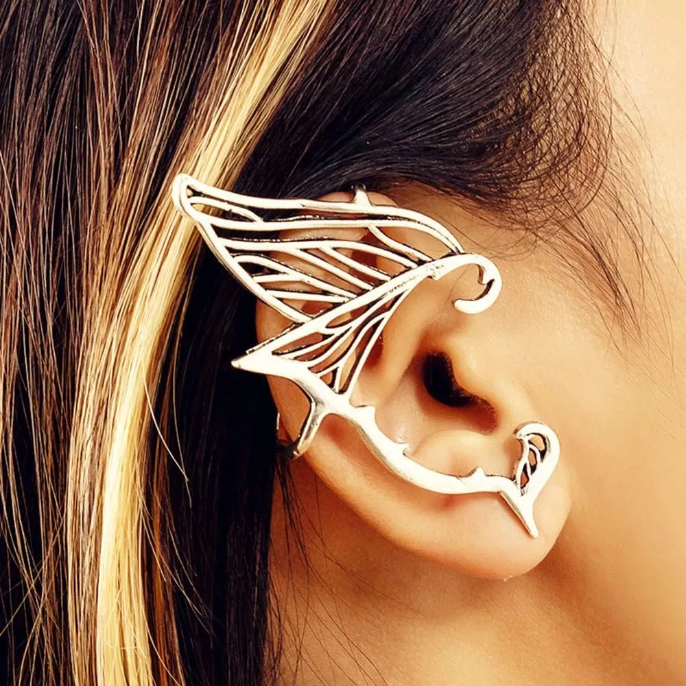 Jumwrit Elven Ear Cuffs - Fantasy Goth Elf Fairy Ear Clips - Gold Hollowed Cuff Wrap Earrings - Vintage Studs