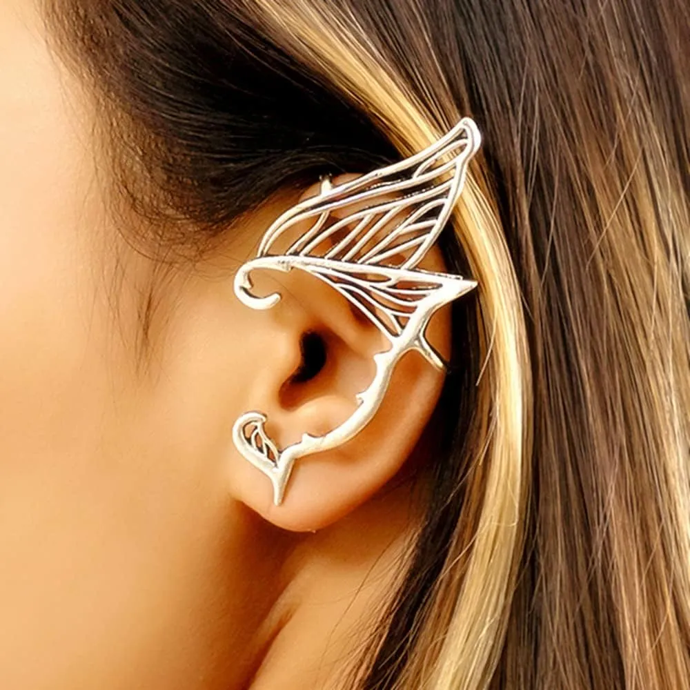 Jumwrit Elven Ear Cuffs - Fantasy Goth Elf Fairy Ear Clips - Gold Hollowed Cuff Wrap Earrings - Vintage Studs
