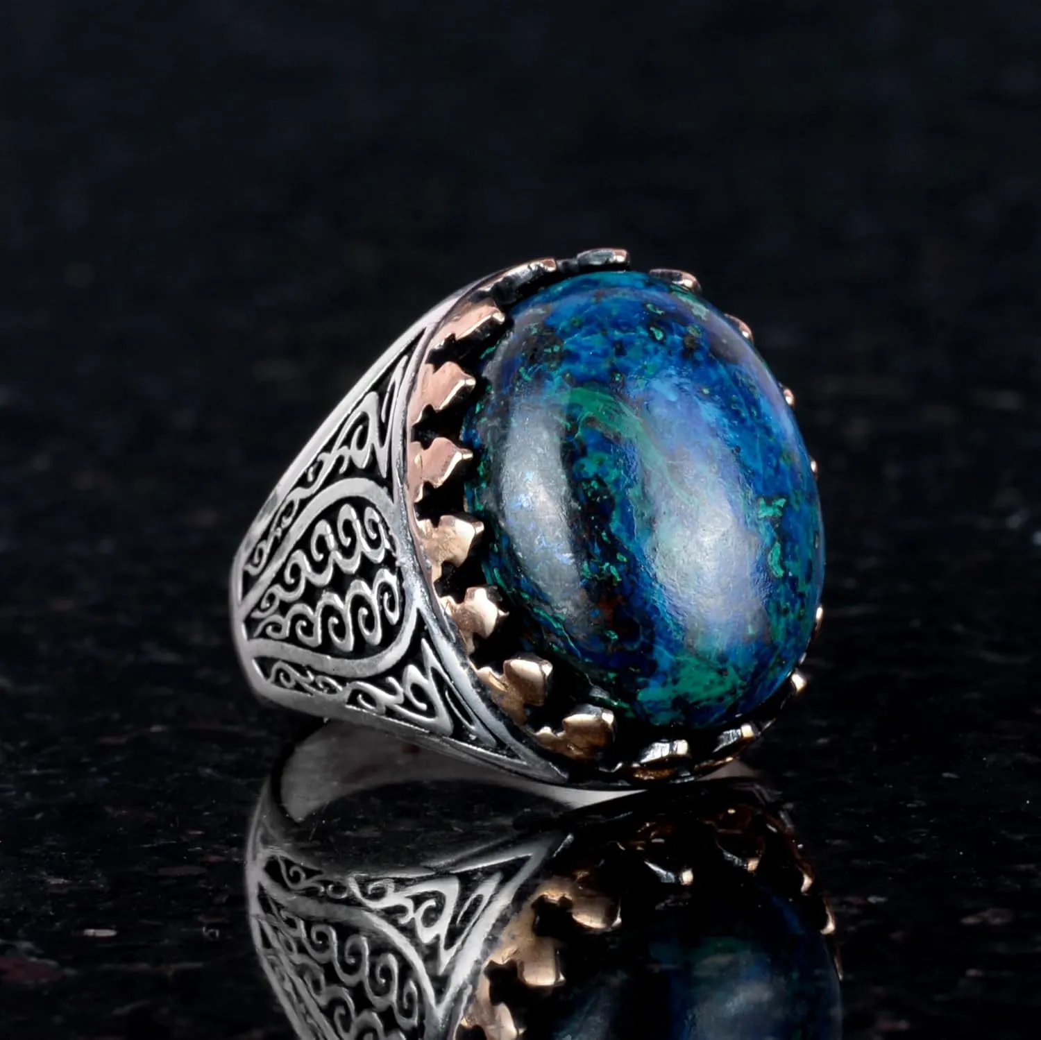 KAMBO Exclusive Collection: 925K Solid Sterling Silver Men's Ring with Natural Gemstones - Unique Handcrafted Elegance