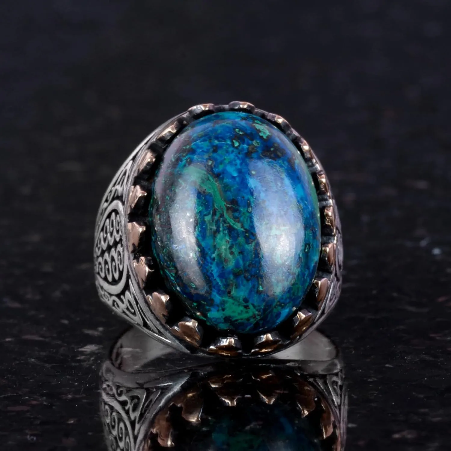 KAMBO Exclusive Collection: 925K Solid Sterling Silver Men's Ring with Natural Gemstones - Unique Handcrafted Elegance