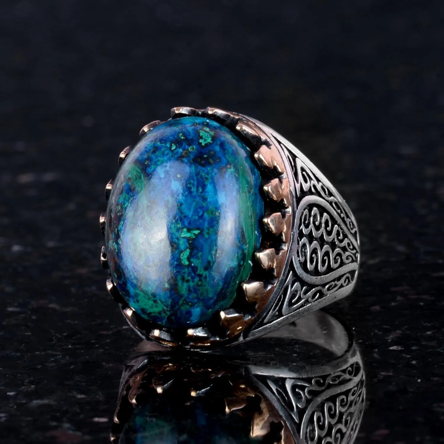 KAMBO Exclusive Collection: 925K Solid Sterling Silver Men's Ring with Natural Gemstones - Unique Handcrafted Elegance