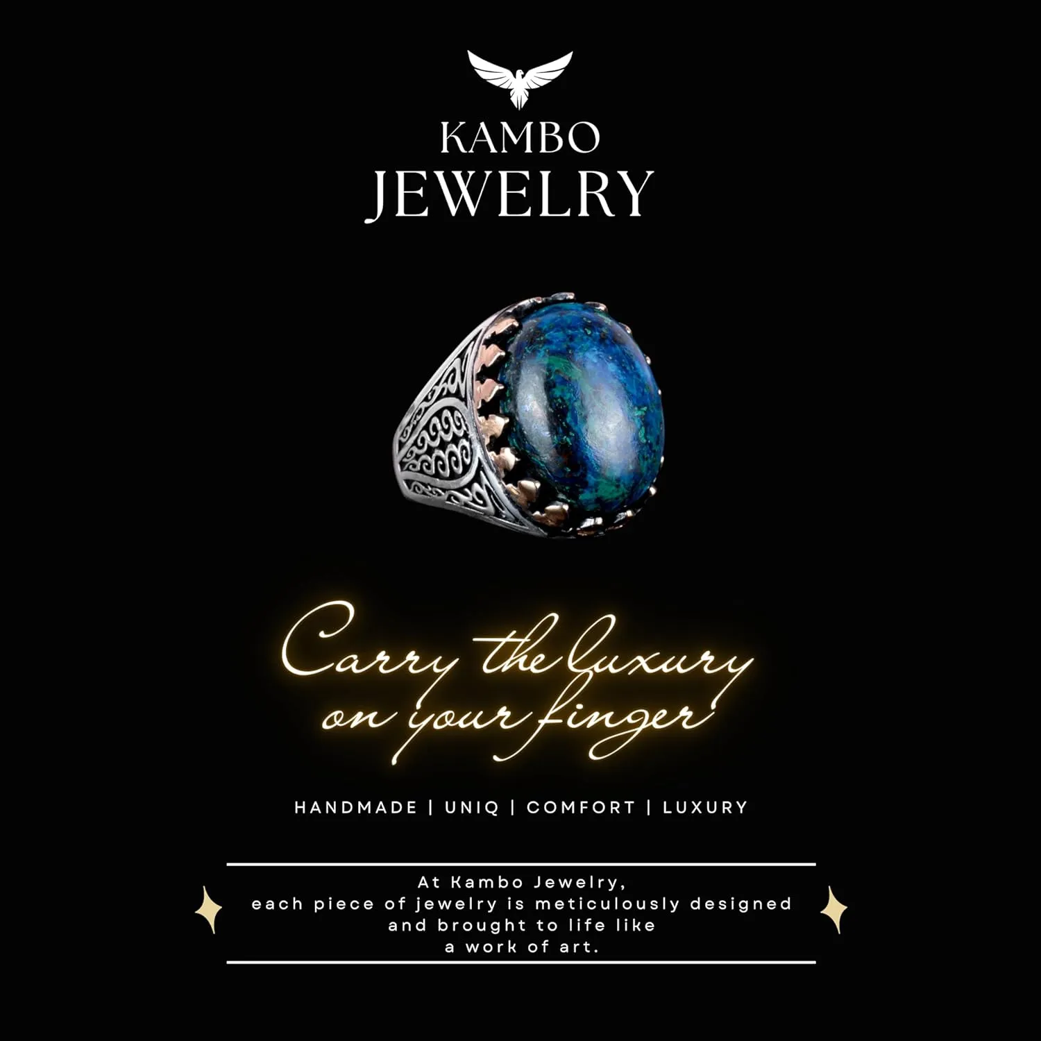 KAMBO Exclusive Collection: 925K Solid Sterling Silver Men's Ring with Natural Gemstones - Unique Handcrafted Elegance