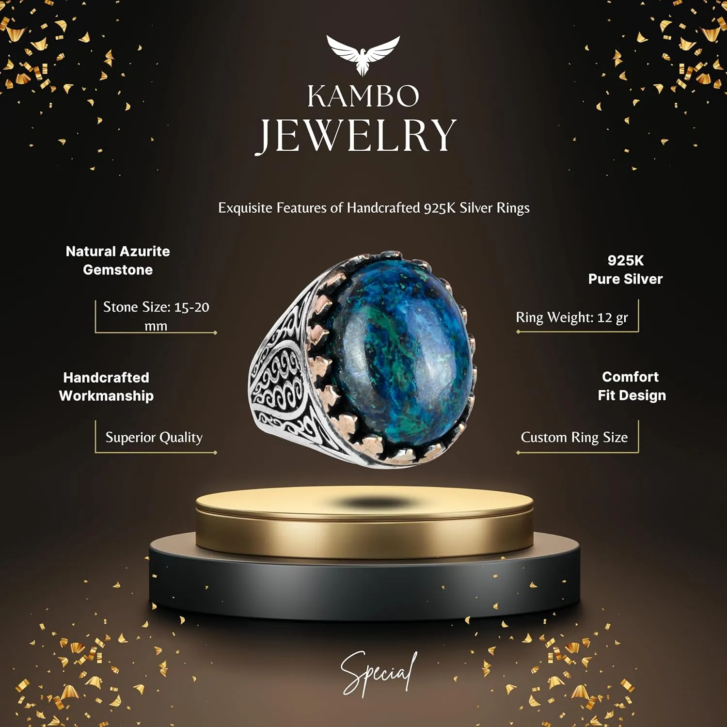KAMBO Exclusive Collection: 925K Solid Sterling Silver Men's Ring with Natural Gemstones - Unique Handcrafted Elegance