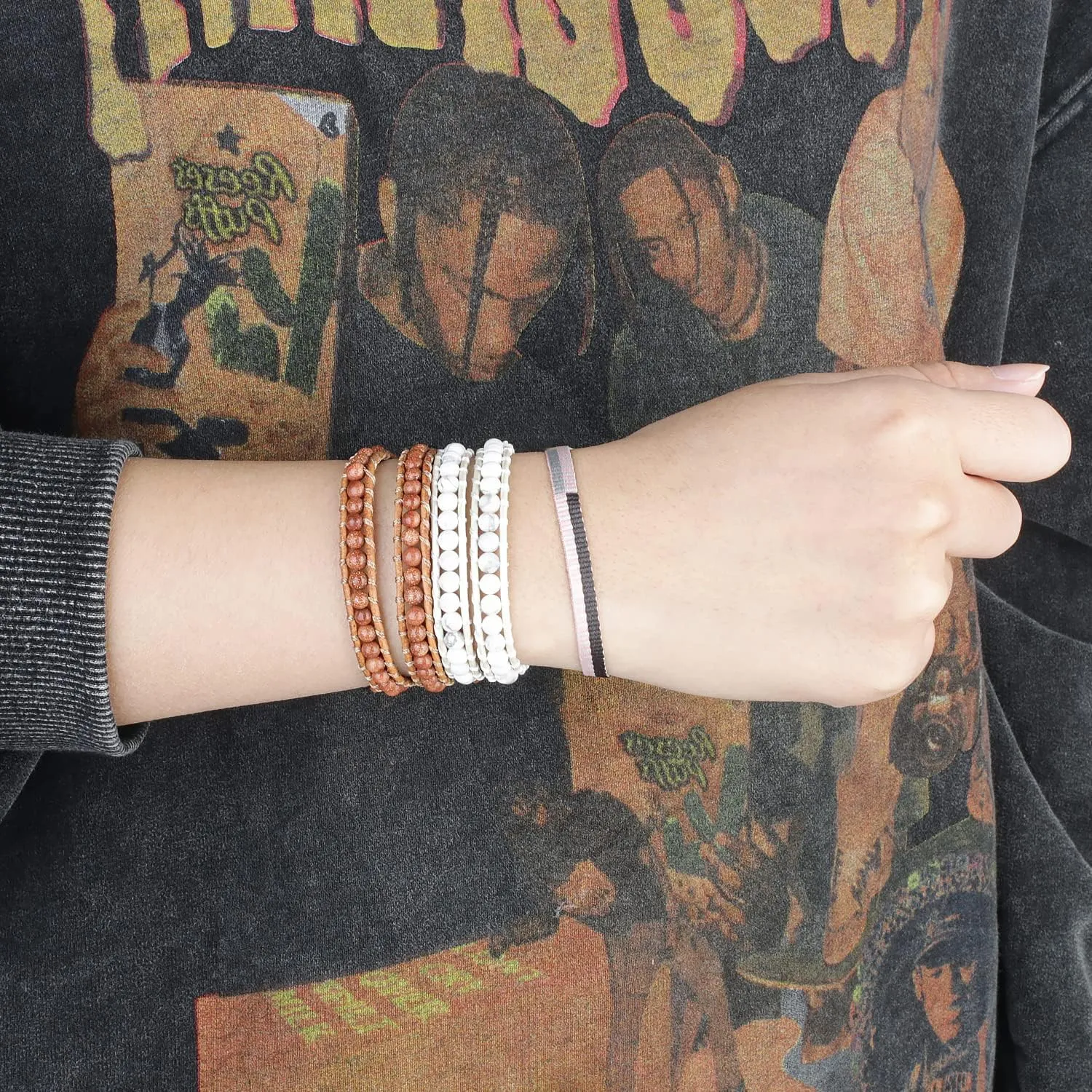 KELITCH Created Agate Crystal Gems Beads Charm 2 Wrap Bracelets Handmade Natural Leather New Jewelry