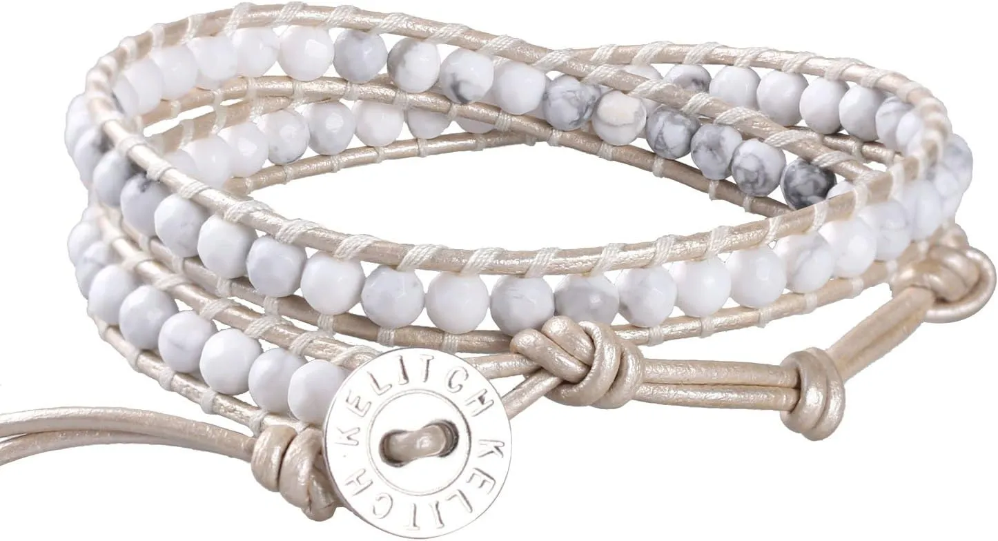 KELITCH Created Agate Crystal Gems Beads Charm 2 Wrap Bracelets Handmade Natural Leather New Jewelry