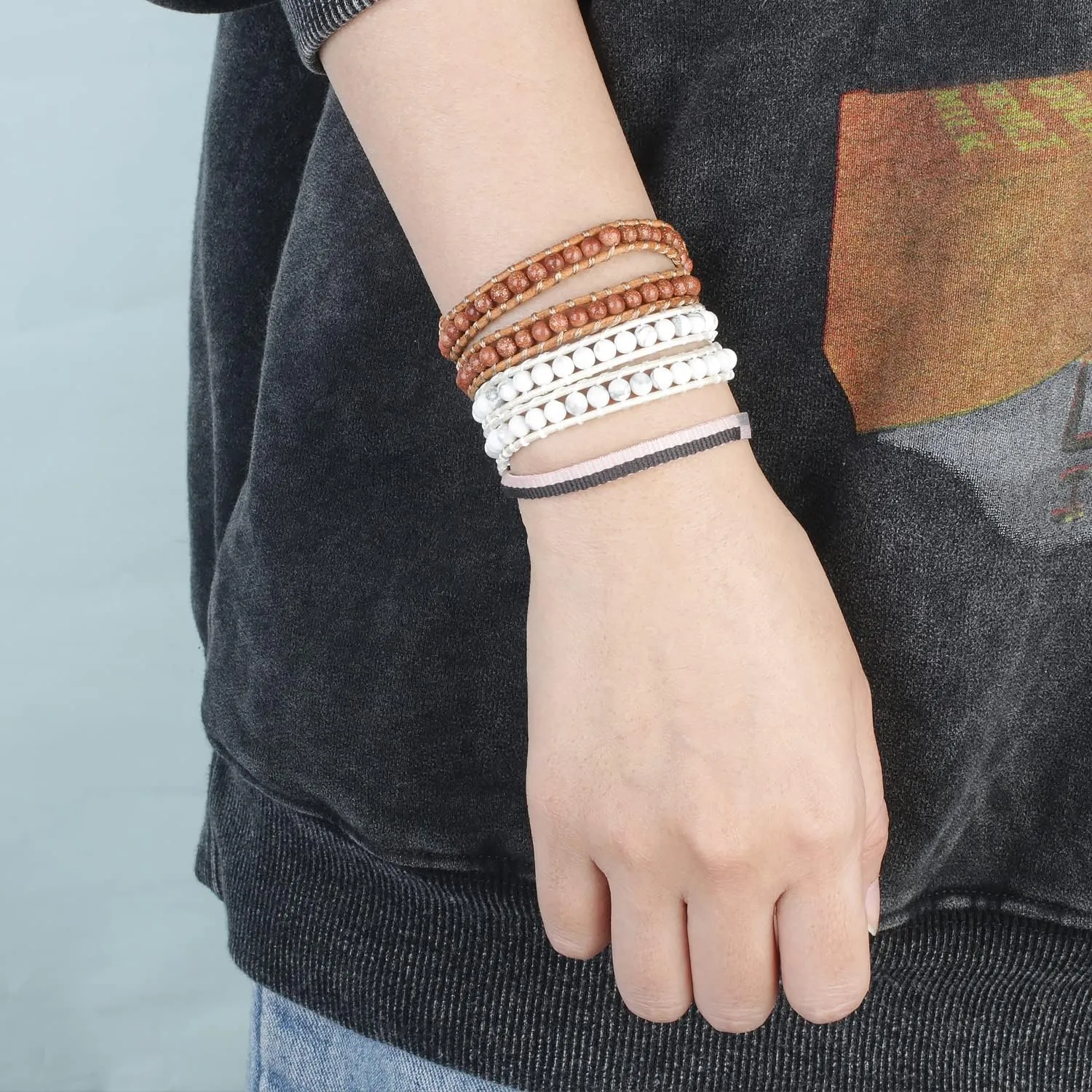 KELITCH Created Agate Crystal Gems Beads Charm 2 Wrap Bracelets Handmade Natural Leather New Jewelry