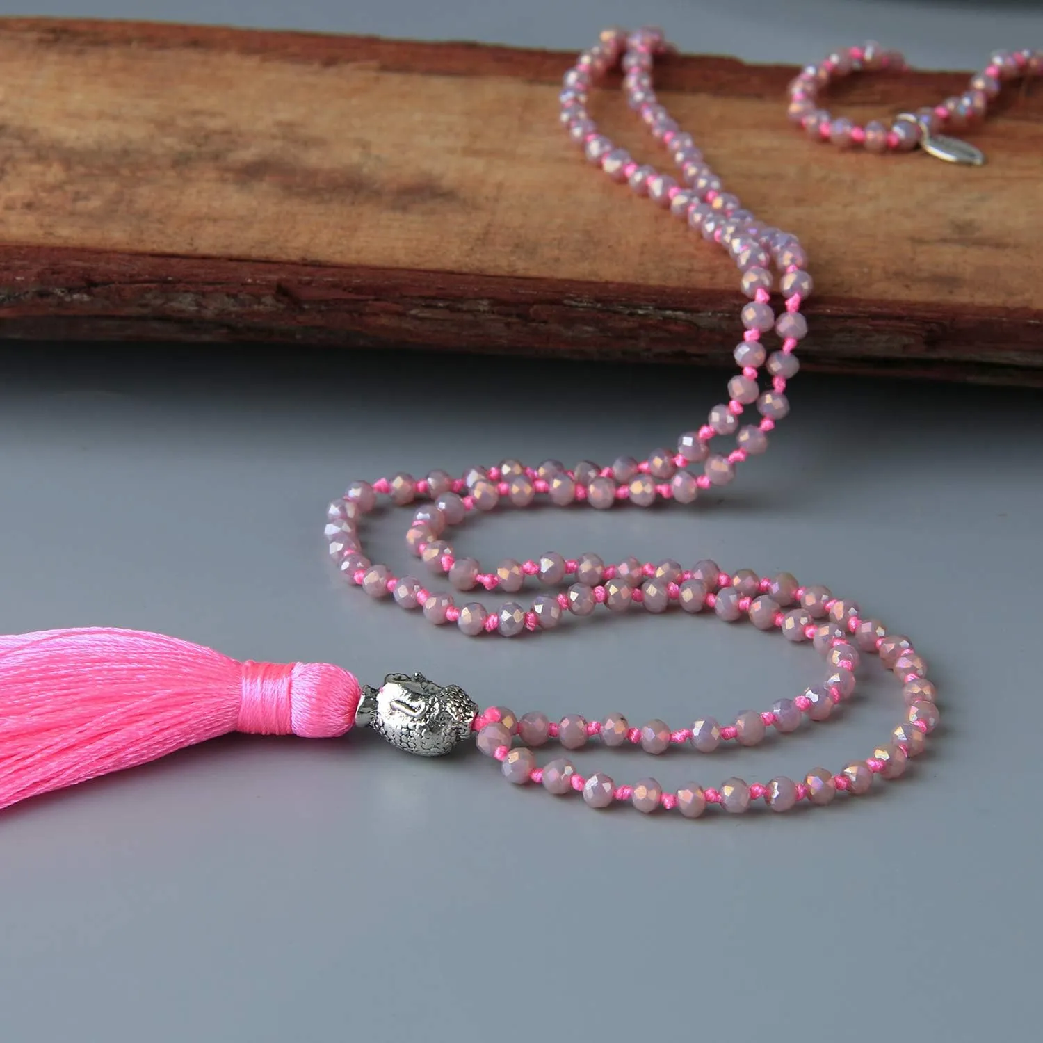 KELITCH Exclusive Crystal Beaded Necklace Luxury Silver Buddha Head Tassel Long Necklace