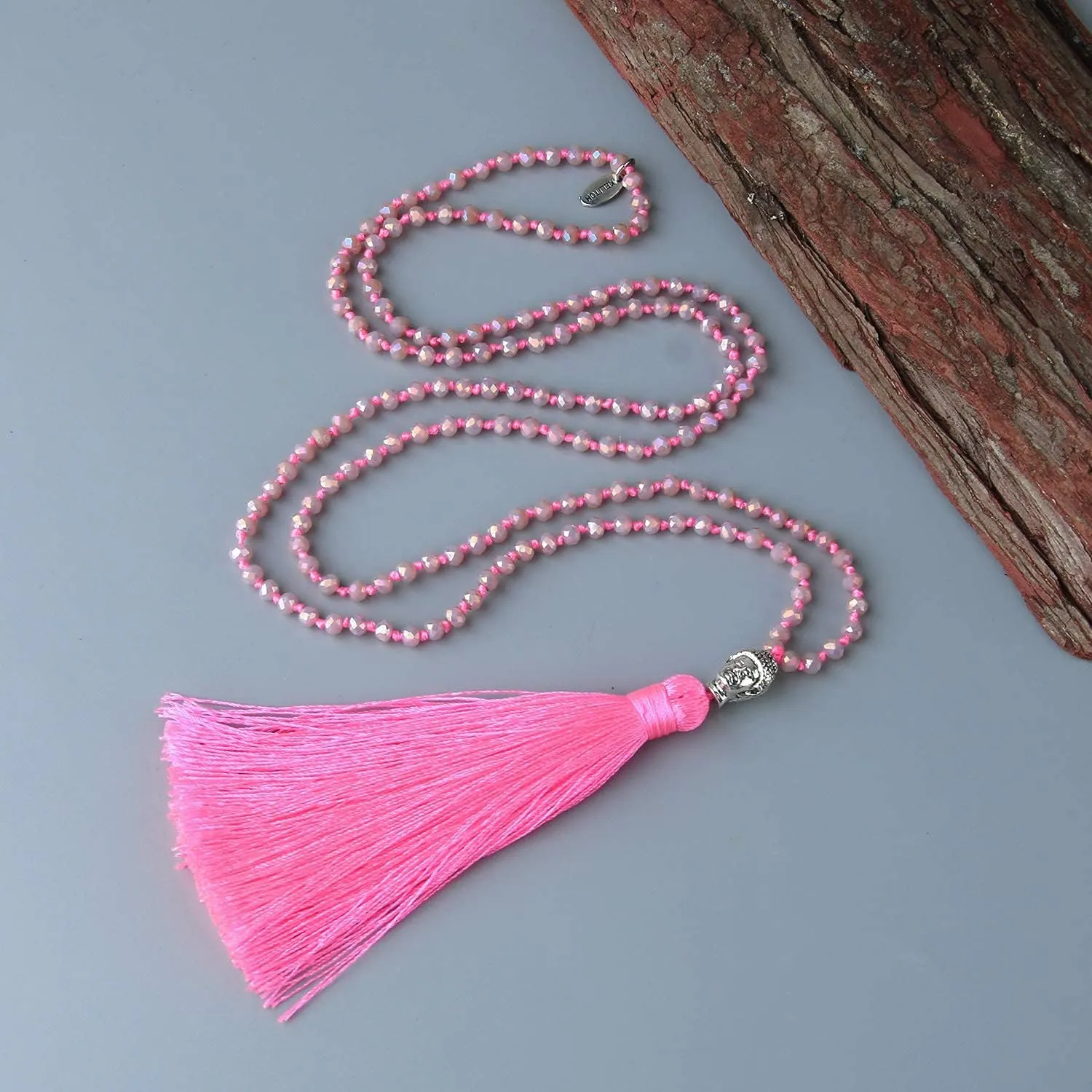 KELITCH Exclusive Crystal Beaded Necklace Luxury Silver Buddha Head Tassel Long Necklace