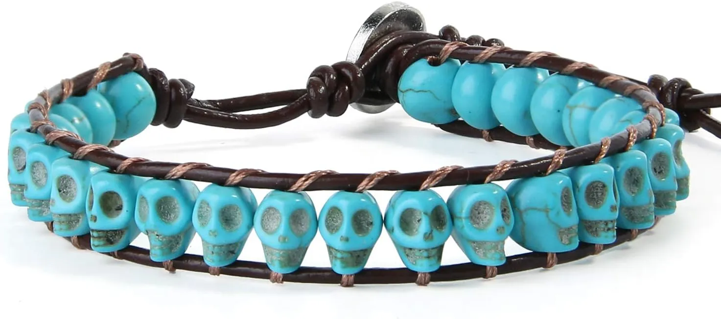 KELITCH New Skull Turquoise Beaded Wrap Bracelet on Brown Leather Handmade Bracelets New Jewelry