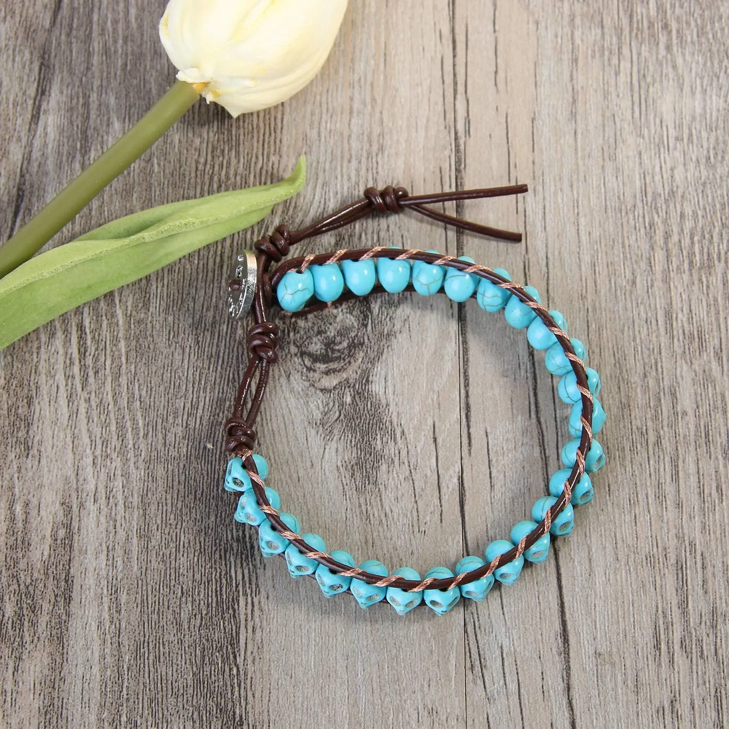 KELITCH New Skull Turquoise Beaded Wrap Bracelet on Brown Leather Handmade Bracelets New Jewelry