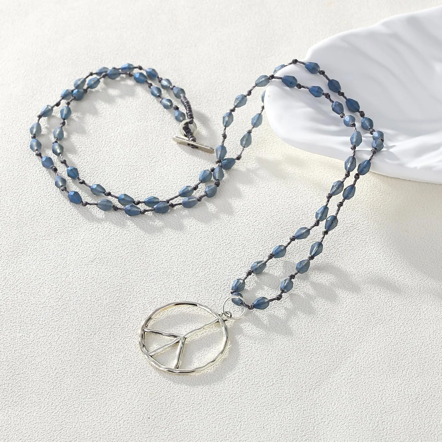 KELITCH Peace Sign Pendant Necklace Frosted Drop Beaded Necklace Crystal Necklace