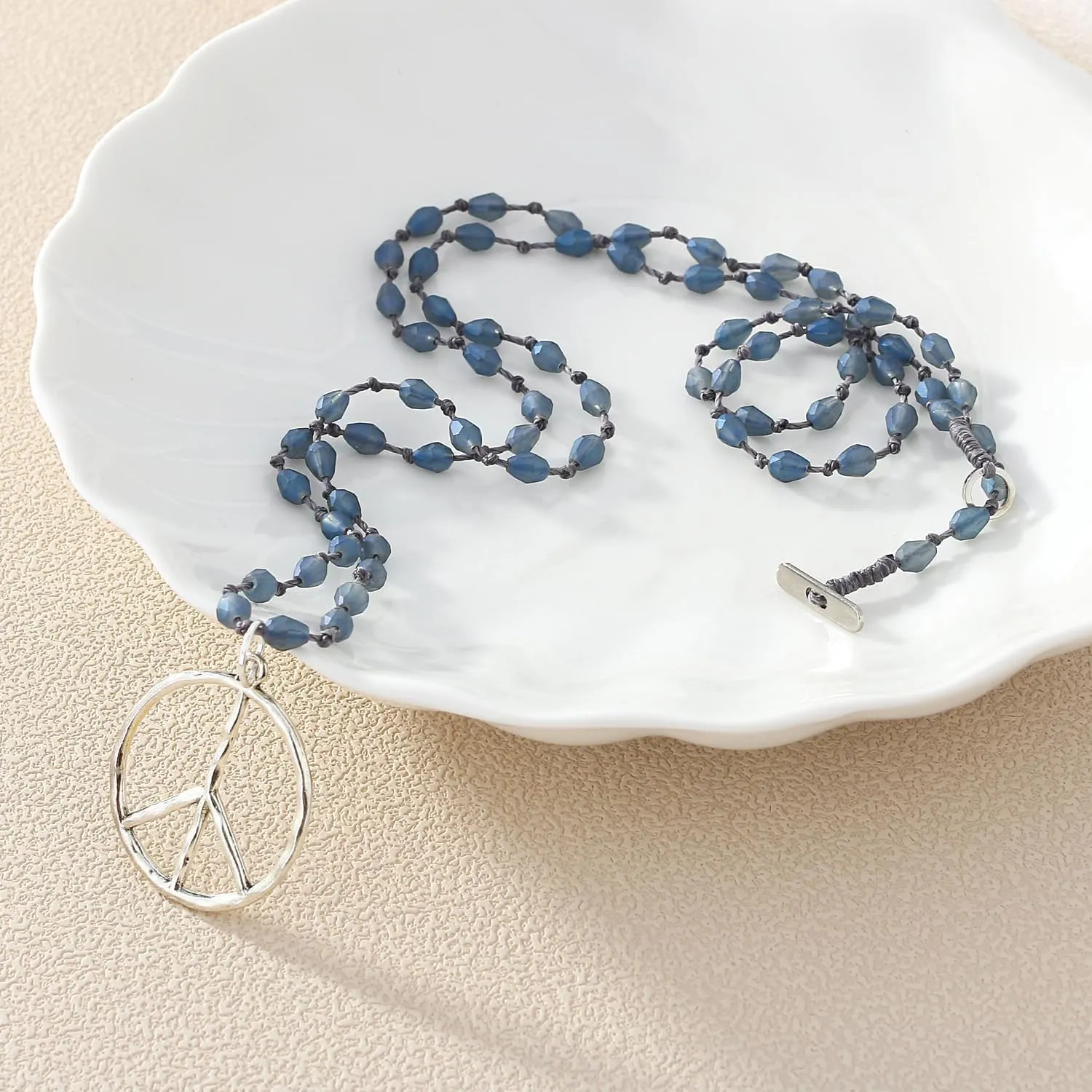 KELITCH Peace Sign Pendant Necklace Frosted Drop Beaded Necklace Crystal Necklace