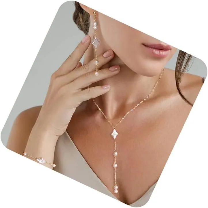 KesaPlan 14K Gold Plated Pearl Jewelry Set, Necklace Bracelet Earrings, Wedding Accessories for Women