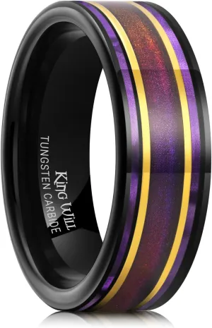 King Will Mens 8mm Black Wedding Band Pipe Cut Tungsten Carbide Rings Wood/Shell/Sand Inlay Unique Ring For Men Polished Flat Anniversary Rings Comfort Fit Size 7-12