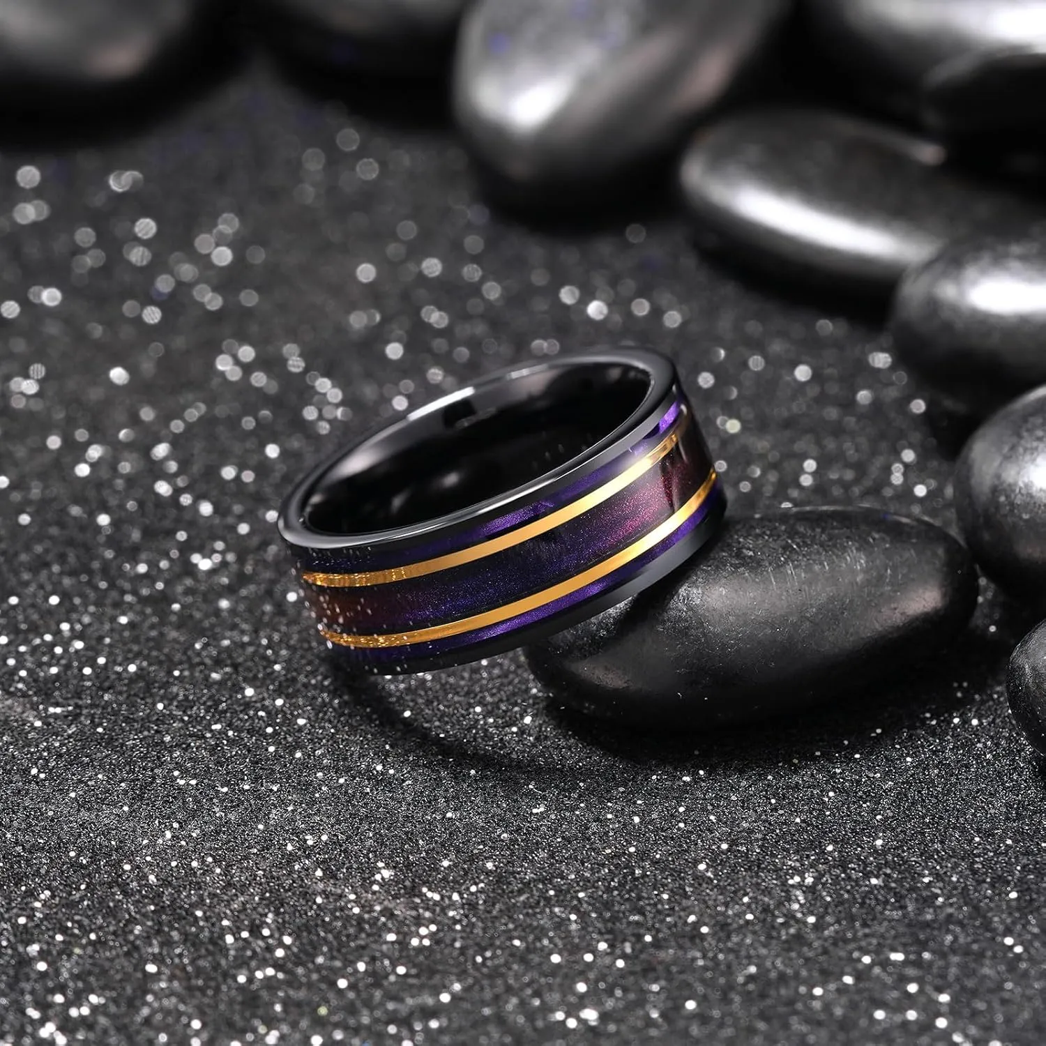King Will Mens 8mm Black Wedding Band Pipe Cut Tungsten Carbide Rings Wood/Shell/Sand Inlay Unique Ring For Men Polished Flat Anniversary Rings Comfort Fit Size 7-12