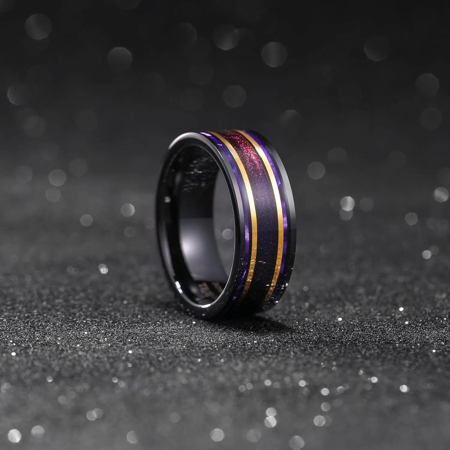 King Will Mens 8mm Black Wedding Band Pipe Cut Tungsten Carbide Rings Wood/Shell/Sand Inlay Unique Ring For Men Polished Flat Anniversary Rings Comfort Fit Size 7-12