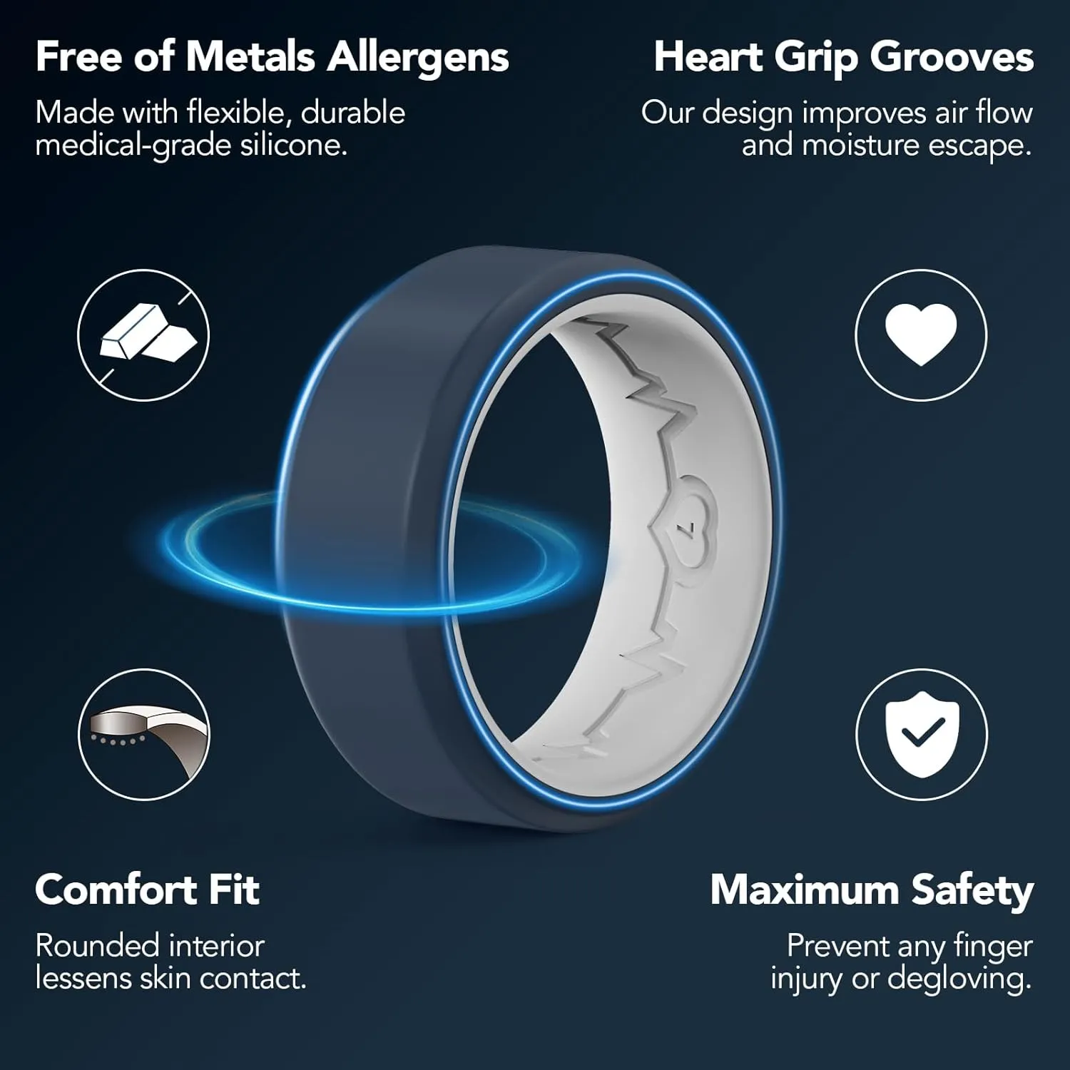 King Will Men's Silicone Wedding Bands, 8mm Comfort Fit with Unique Inner Groove Design, Rubber Engagement Rings for Daily Wear and Activities - 1/4 Variety Multipack