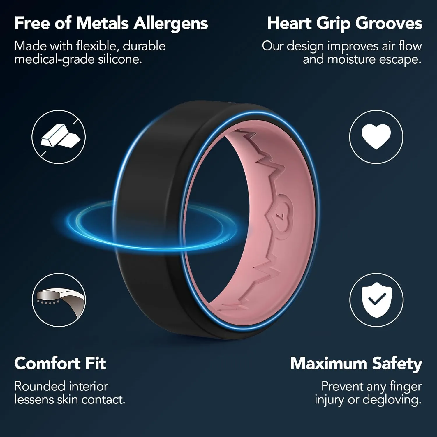 King Will Men's Silicone Wedding Bands, 8mm Comfort Fit with Unique Inner Groove Design, Rubber Engagement Rings for Daily Wear and Activities - 1/4 Variety Multipack