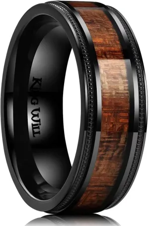 King Will Titanium Wedding Band for Men 7-8mm Black/Silver/Gold Titanium Men Ring with Koa/Maple Wood Inlay, Wooden Wedding Ring for Men Women Comfort Fit Size 6-14