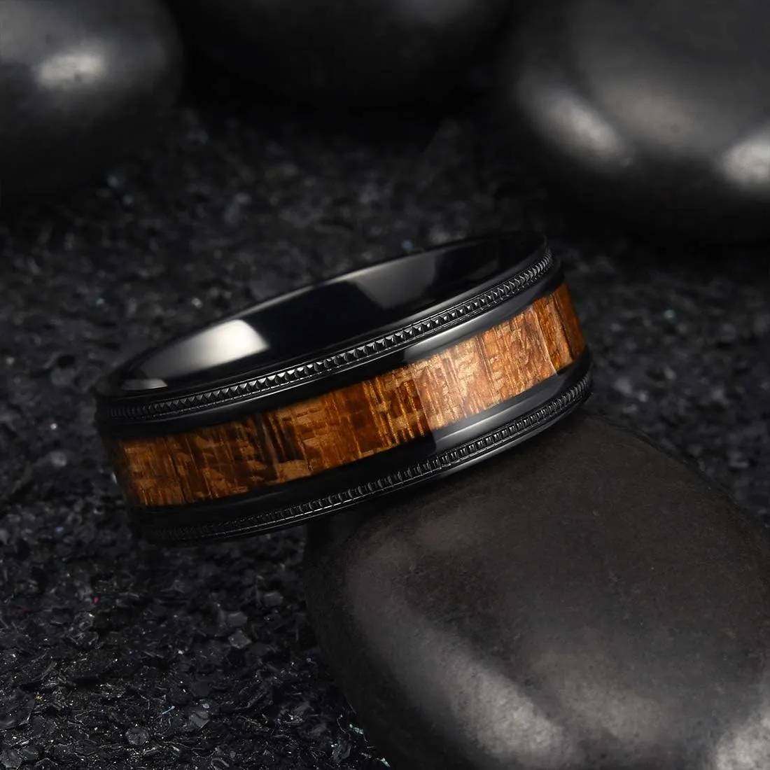 King Will Titanium Wedding Band for Men 7-8mm Black/Silver/Gold Titanium Men Ring with Koa/Maple Wood Inlay, Wooden Wedding Ring for Men Women Comfort Fit Size 6-14
