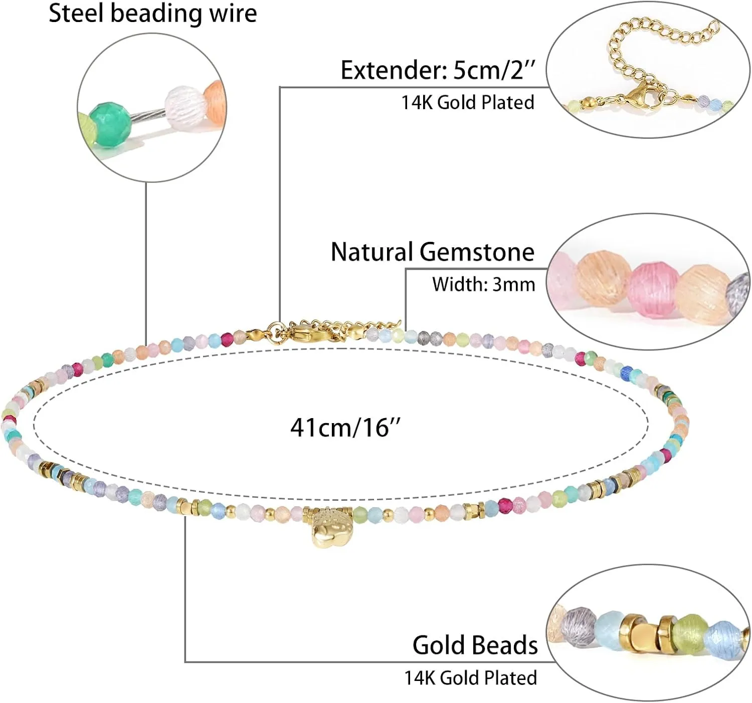 KissYan Beaded Choker Necklace for Women, Colorful Natural Gemstones Pearl Choker 14K Gold Plated Pendant Healing Crystal Necklace Handmade Stone Jewelry Gift