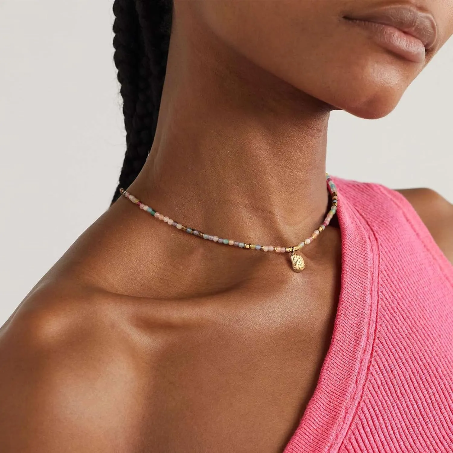 KissYan Beaded Choker Necklace for Women, Colorful Natural Gemstones Pearl Choker 14K Gold Plated Pendant Healing Crystal Necklace Handmade Stone Jewelry Gift