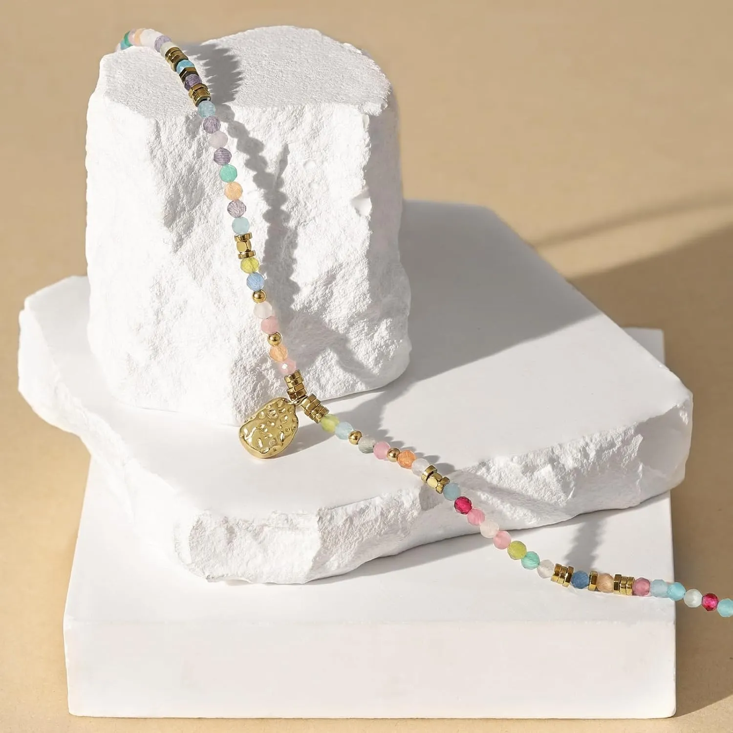 KissYan Beaded Choker Necklace for Women, Colorful Natural Gemstones Pearl Choker 14K Gold Plated Pendant Healing Crystal Necklace Handmade Stone Jewelry Gift