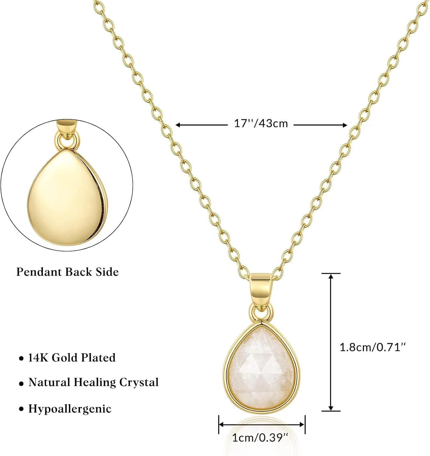 KissYan Gemstone Necklace for Women, 14K Gold Plated Crystal Teardrop Pendant Choker Natural Healing Stone Jewelry Gift