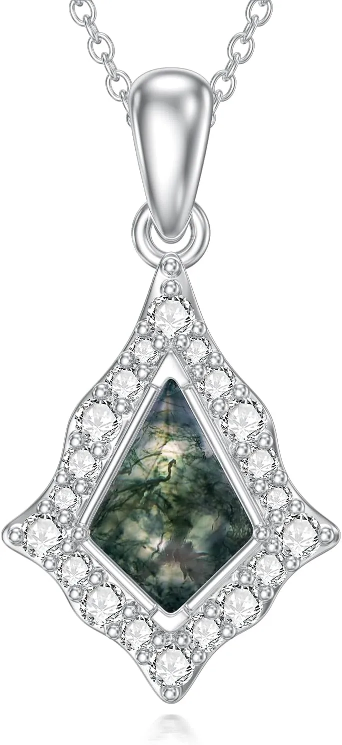 Kite Cut Natural Moss Agate Necklaces for Women Platinum Plated Silver Green Natural Moss Agate Pendant Necklace for Anniversary Christmas, 18''-20''