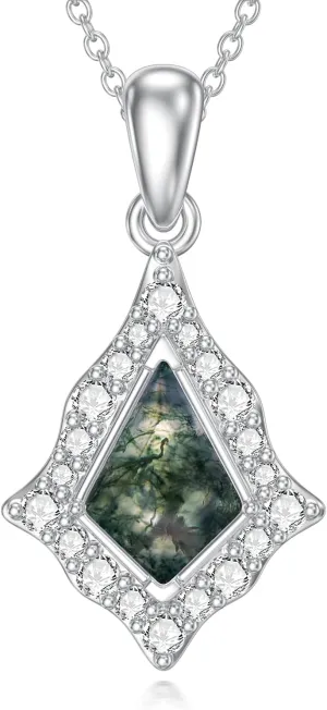 Kite Cut Natural Moss Agate Necklaces for Women Platinum Plated Silver Green Natural Moss Agate Pendant Necklace for Anniversary Christmas, 18''-20''