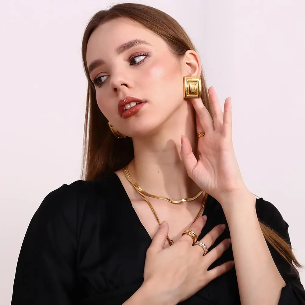 Kokoma Geometric Chunky Earrings for Women Large Square Boho Statement Stud Earrings Thick Dome Earrings Minimalist Ear Jewelry Gifts