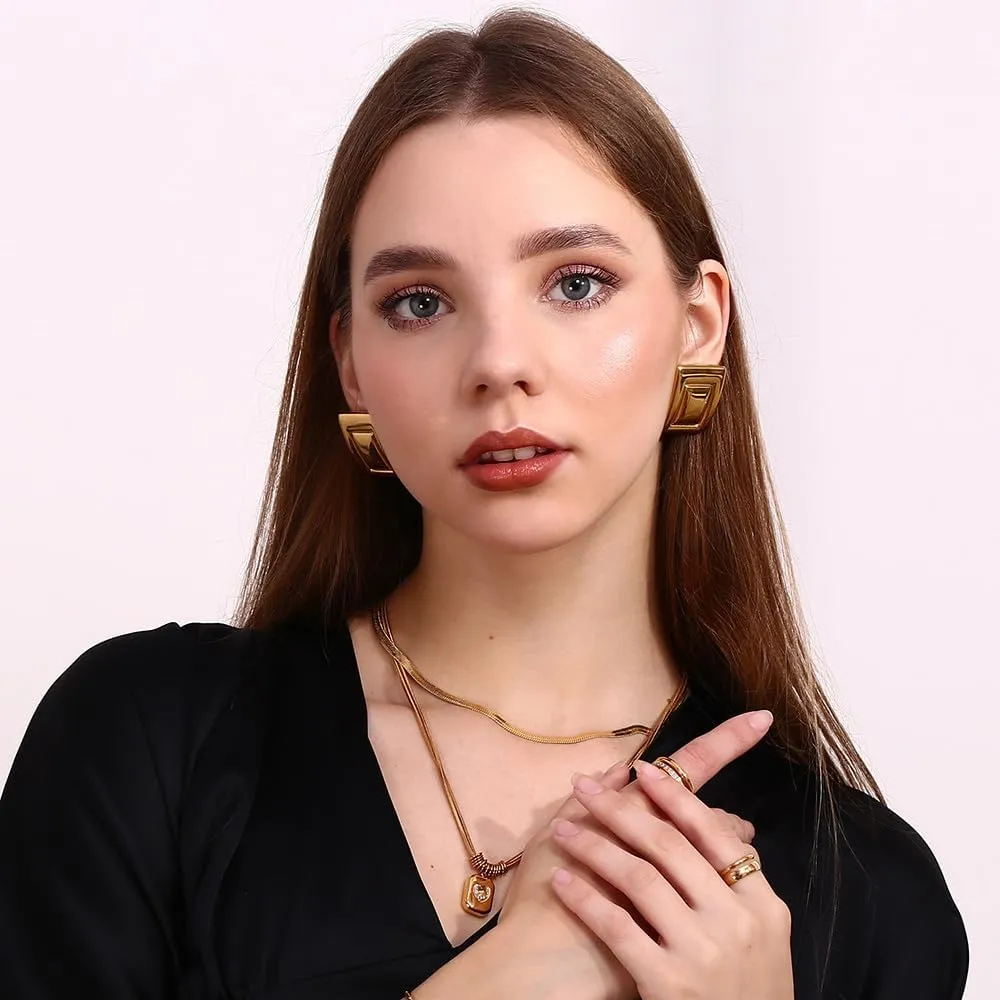 Kokoma Geometric Chunky Earrings for Women Large Square Boho Statement Stud Earrings Thick Dome Earrings Minimalist Ear Jewelry Gifts