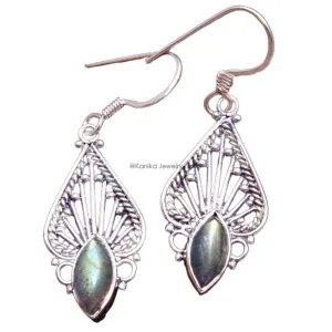 Labradorite Gemstone Sterling Silver Drop Earrings for Women and Girls, Bezel Set Ear Wire Earrings, Green Bridesmaid Earrings Christmas Day Gift