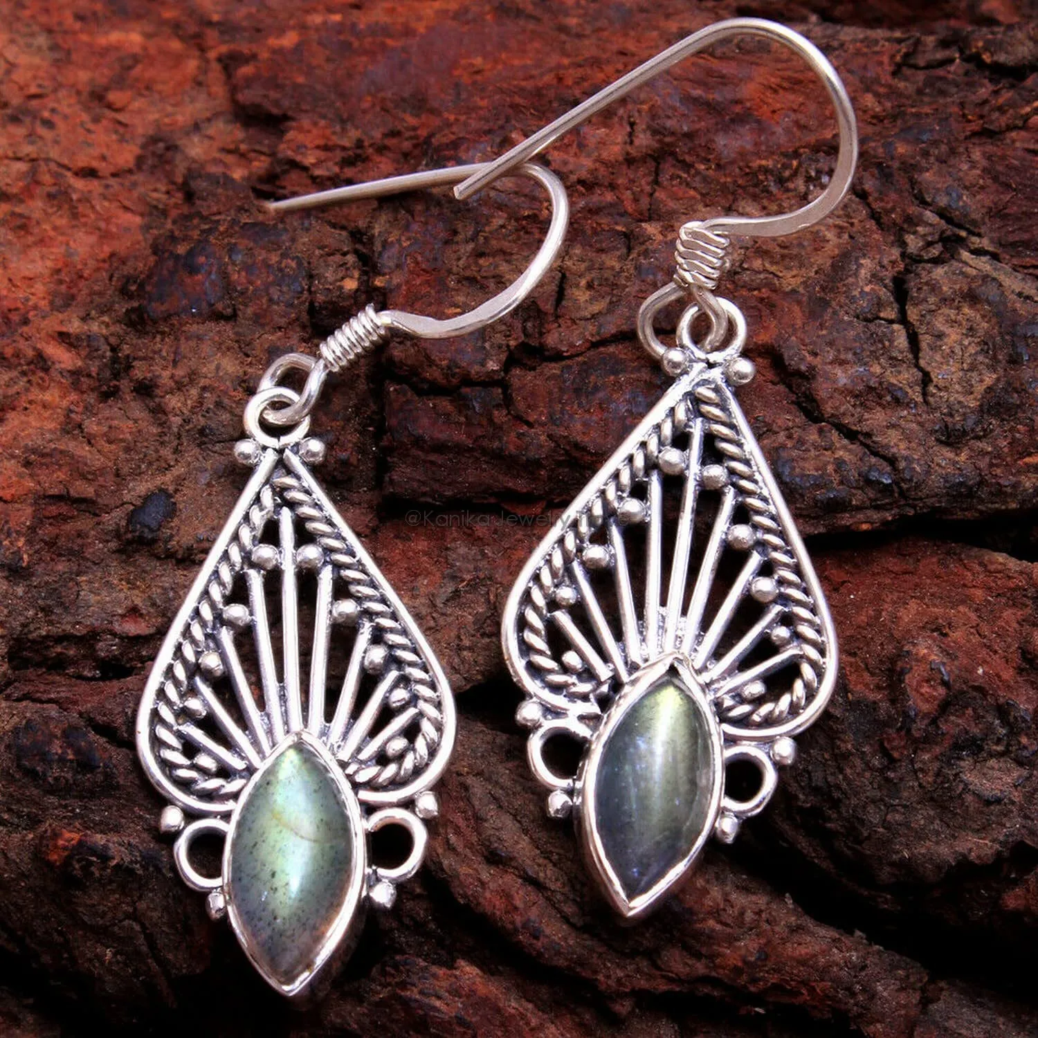 Labradorite Gemstone Sterling Silver Drop Earrings for Women and Girls, Bezel Set Ear Wire Earrings, Green Bridesmaid Earrings Christmas Day Gift