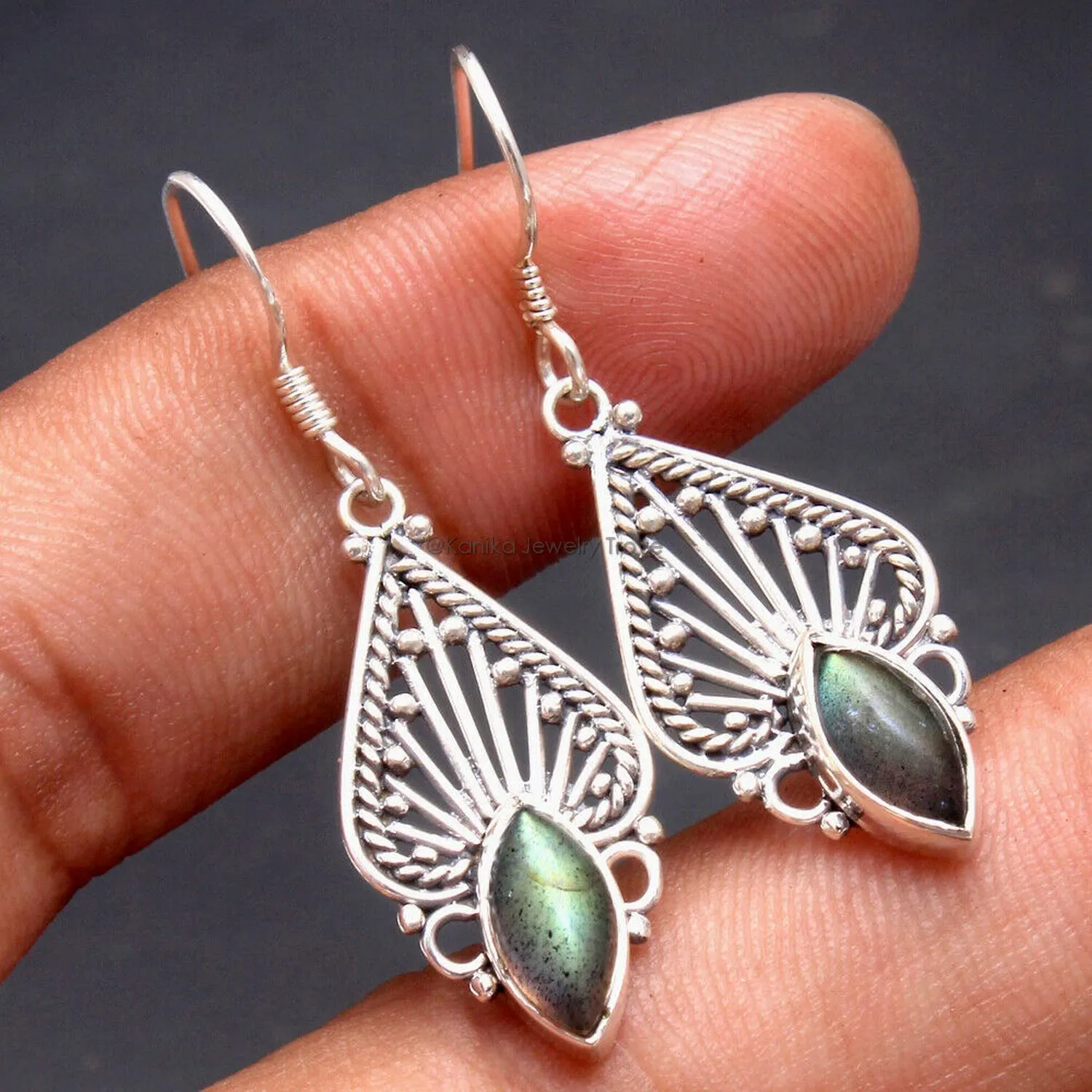 Labradorite Gemstone Sterling Silver Drop Earrings for Women and Girls, Bezel Set Ear Wire Earrings, Green Bridesmaid Earrings Christmas Day Gift