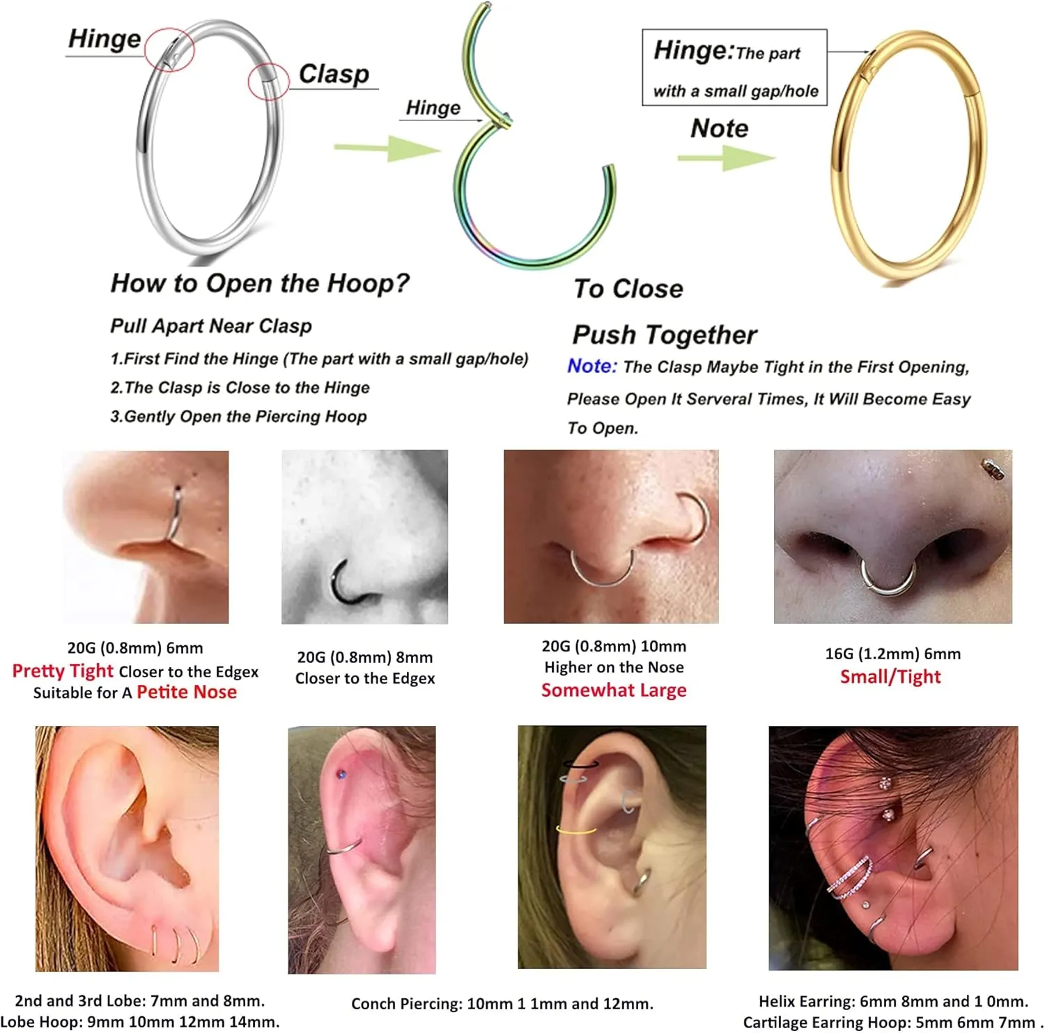 Lantine 16g 18g 20g Nose Rings Hoops Grade 23 Titanium Black Hinged Septum Rings Seamless Clicker Sleeper Cartilage Daith Tragus Helix Piercing Hoop Earrings