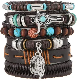 Leather Bracelet for Men Women 5 Pcs Gothic Punk Skull Star Metal Braided Cuff Bracelets Medieval Warp Adjustable Size (7" to 11") Grunge Rock Bangles Arm Jewelry Comfort Multilayer Wristband