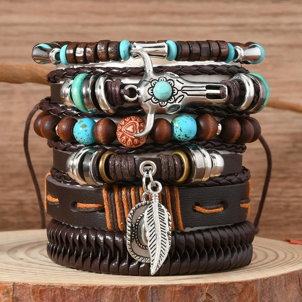 Leather Bracelet for Men Women 5 Pcs Gothic Punk Skull Star Metal Braided Cuff Bracelets Medieval Warp Adjustable Size (7" to 11") Grunge Rock Bangles Arm Jewelry Comfort Multilayer Wristband