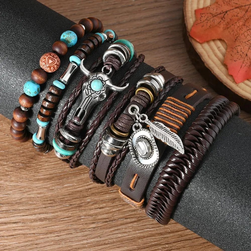Leather Bracelet for Men Women 5 Pcs Gothic Punk Skull Star Metal Braided Cuff Bracelets Medieval Warp Adjustable Size (7" to 11") Grunge Rock Bangles Arm Jewelry Comfort Multilayer Wristband
