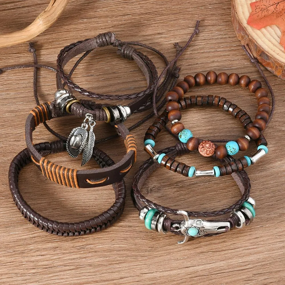 Leather Bracelet for Men Women 5 Pcs Gothic Punk Skull Star Metal Braided Cuff Bracelets Medieval Warp Adjustable Size (7" to 11") Grunge Rock Bangles Arm Jewelry Comfort Multilayer Wristband