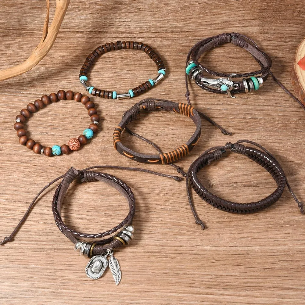 Leather Bracelet for Men Women 5 Pcs Gothic Punk Skull Star Metal Braided Cuff Bracelets Medieval Warp Adjustable Size (7" to 11") Grunge Rock Bangles Arm Jewelry Comfort Multilayer Wristband